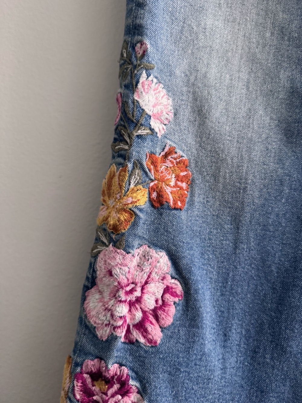 DRIFTWOOD Blue Boot Cut Jeans with Pink & Gold Floral Embroidery - Picture 10 of 13